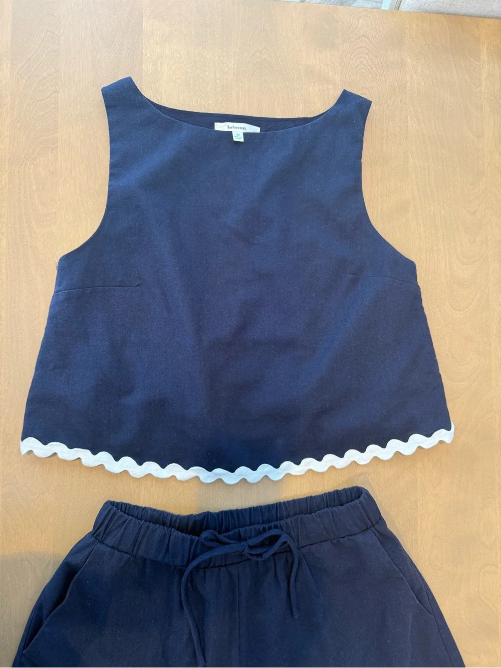Lalavon Medium Navy Blue Linen Blend Scallop-Trim Sleeveless Top & Short Set